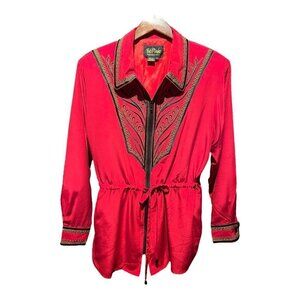 Vintage BOB MACKIE Wearable Art 100% SILK Red and Black Embroidered Jacket